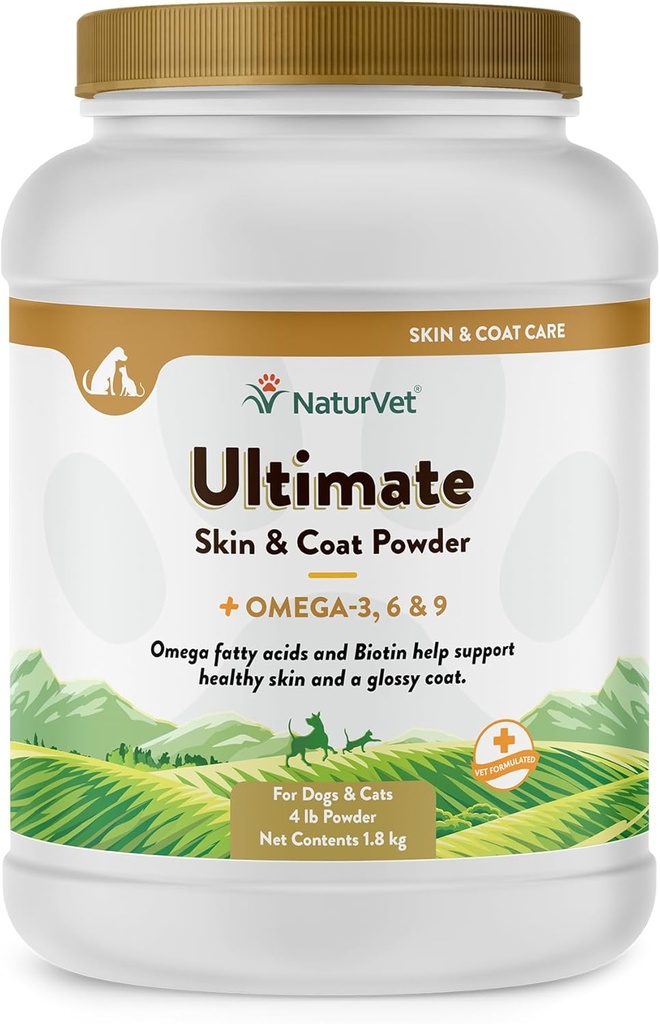 NaturVet Ultimate Skin & Coat Powder Pet Supplement per Cani & Gatti – Include Omegas 3, 6, 9, Biotina, Vitamine – Per Cappotti Cani Sani, Cat Skin – Tasty Food Topper per Animali – 4 lbs.