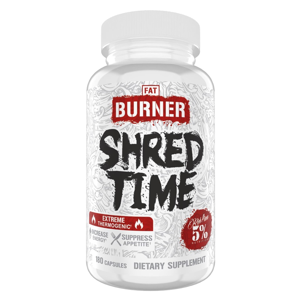 5% Nutrition Shred Time Fat Burner | Green Tea, Coffee Bean, Cayenne, Theobromine, GBB | Appetite Suppression | 30 Serve (180 capsule)