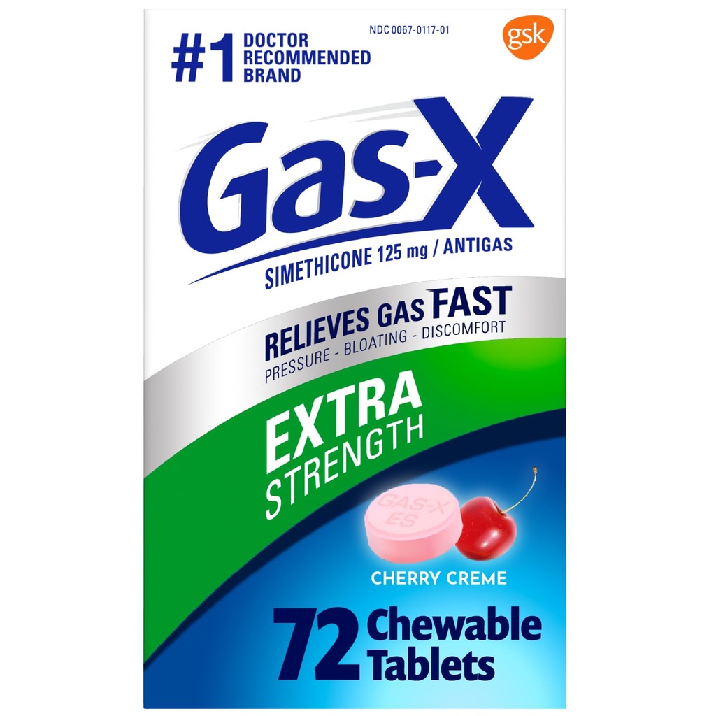 Gas-X Extra Forza Masticabile Rilievo Gas Tablet con Simethicone 125 mg per Bloating Relief, Cherry - 72 Conte