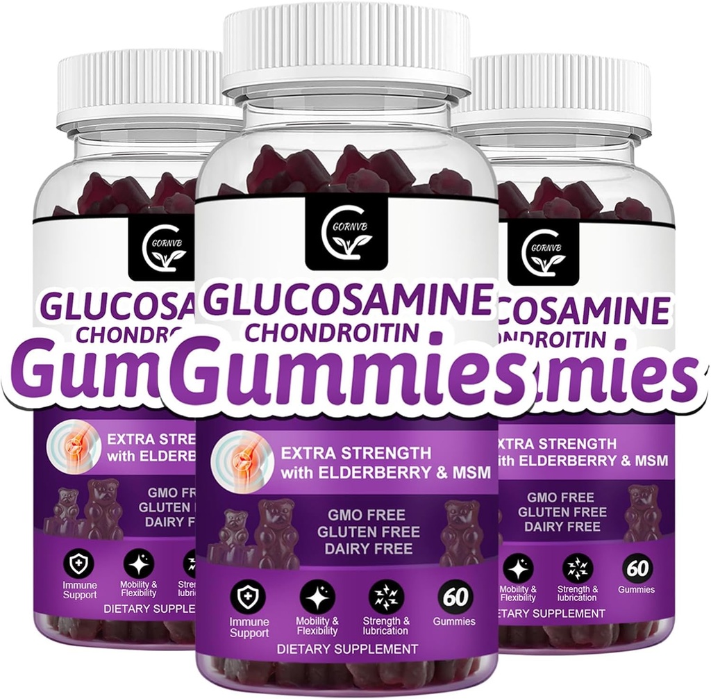 Glucosamina Chondroitin Gummies con MSM & Elderberry – Supporto per la mobilità e la flessibilità ad alta resistenza, Integratore Immune Antiossidante per Adulti, Uomini e Donne - 60 Gummie Condroitina (3 Confezione)