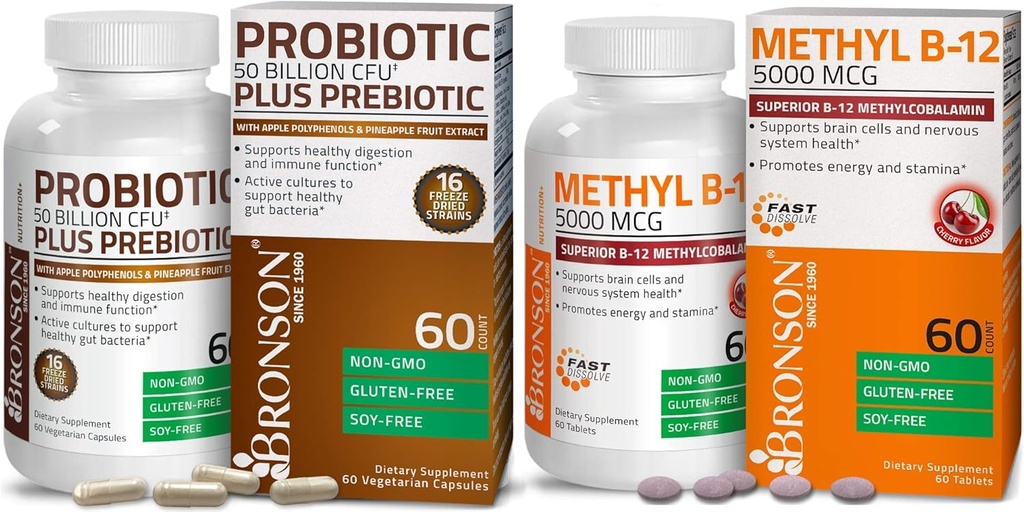 Bronson Probiotic 50 miliardi di CFU + Prebiotico con mela polifenoli e ananas Estratto di frutta + Methyl B12 5000 mcg Vitamina B12 Methylcobalamin