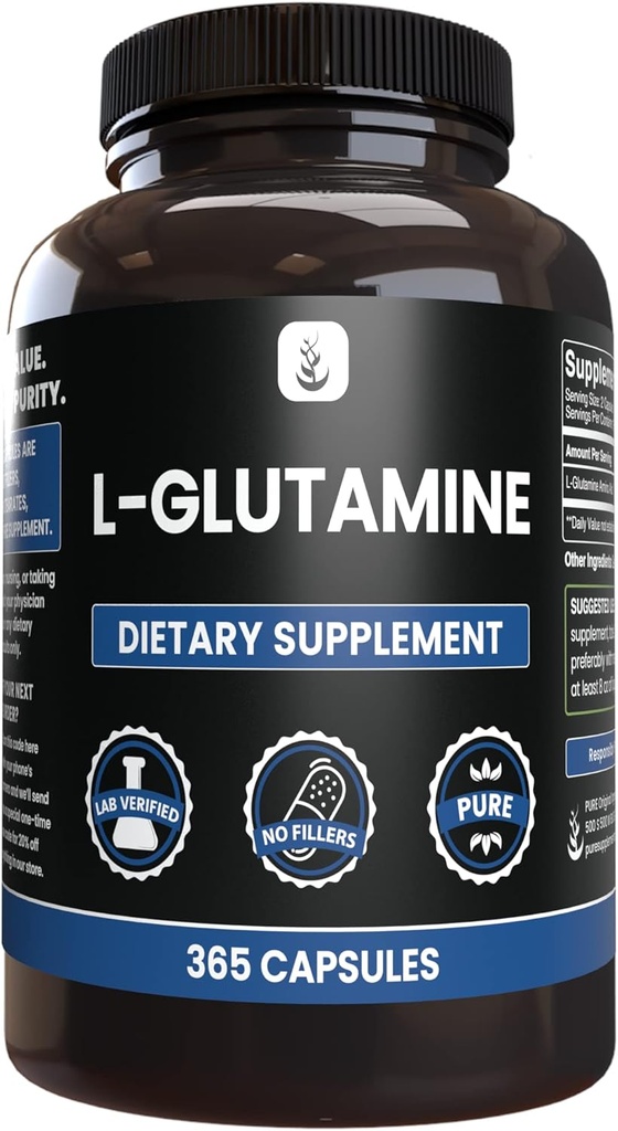 PURE ORIGINAL INGREDIENTI L-Glutamina (365 capsule) Nessun filler di magnesio o di riso, sempre puro, verificato il laboratorio