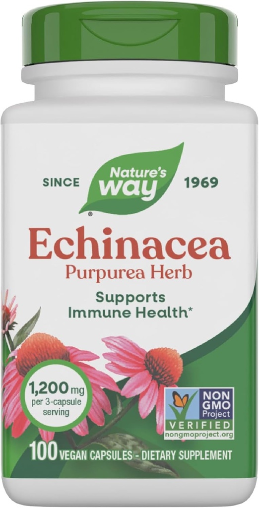 Natural's Way Echinacea Purpurea Herb, Integratore di Supporto Immune*, 1200 mg per 3 capsule di servizio, Progetto Non OGM verificato, Vegan, 100 capsule (Packaging May Vary)