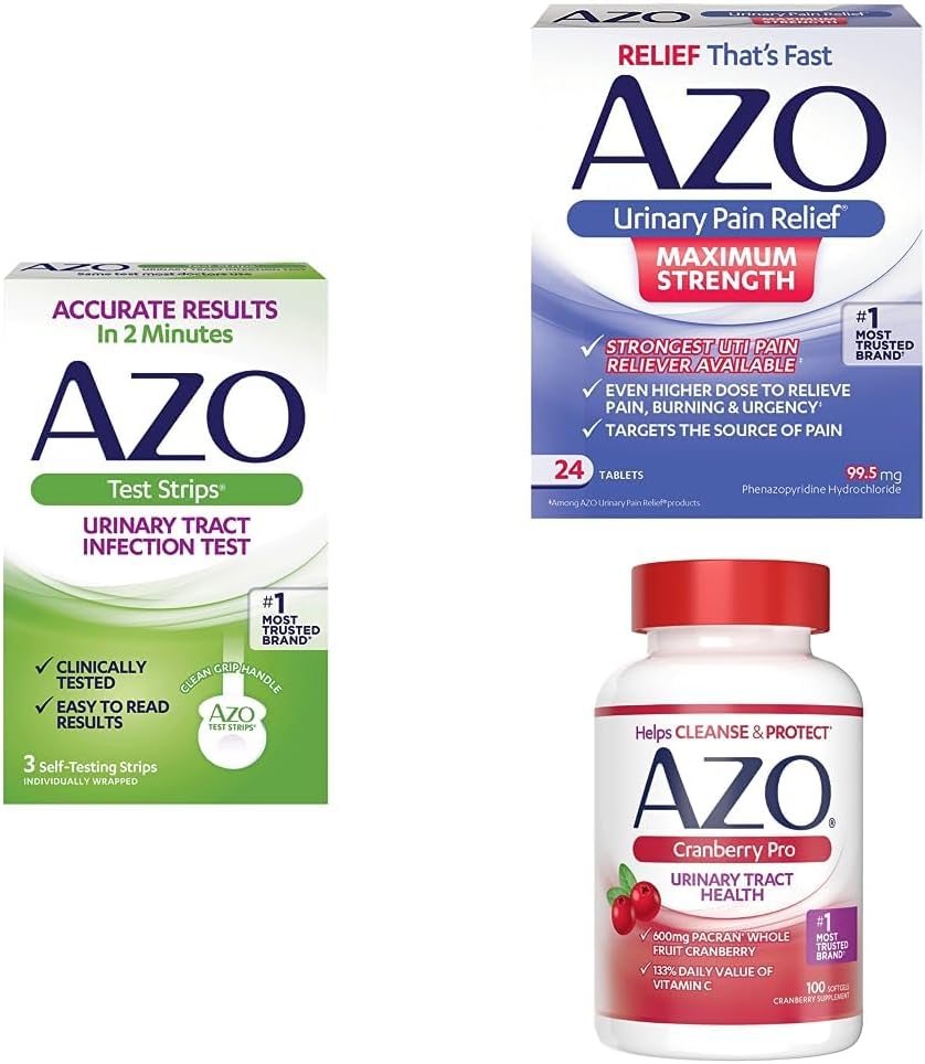 AZO UTI Rilievo del dolore Bundle – AZO UTI Test Strips 3ct, AZO Urinary Pain Relief Max Strength 24ct, AZO Cranberry Pro Supplemento 100ct