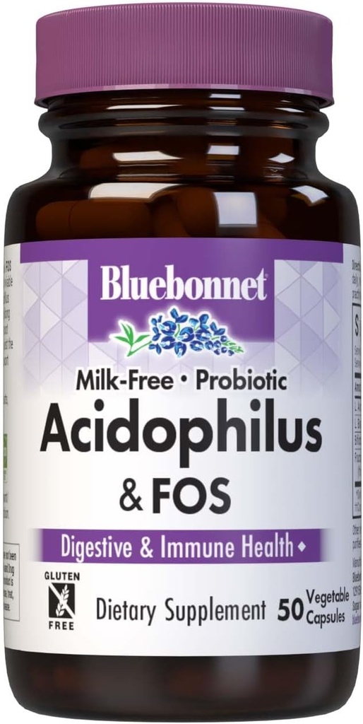 Bluebonnet Nutrition Acidofilo Probiotico senza latte & FOS, Salute Digestiva*, Salute Immune*, Senza Glutine, Senza Soia, Senza Latticini, 50 Capsule Vegetali, 50 Serve