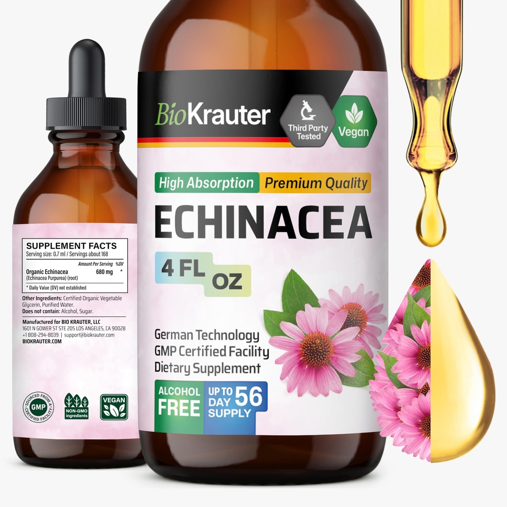 BIO KRAUTER Echinacea Gocce - Supporto Immune naturale - Integratore di tintura Echinacea - Vegan, Alcol & Sugar Gocce libere - 4 Fl.Oz.