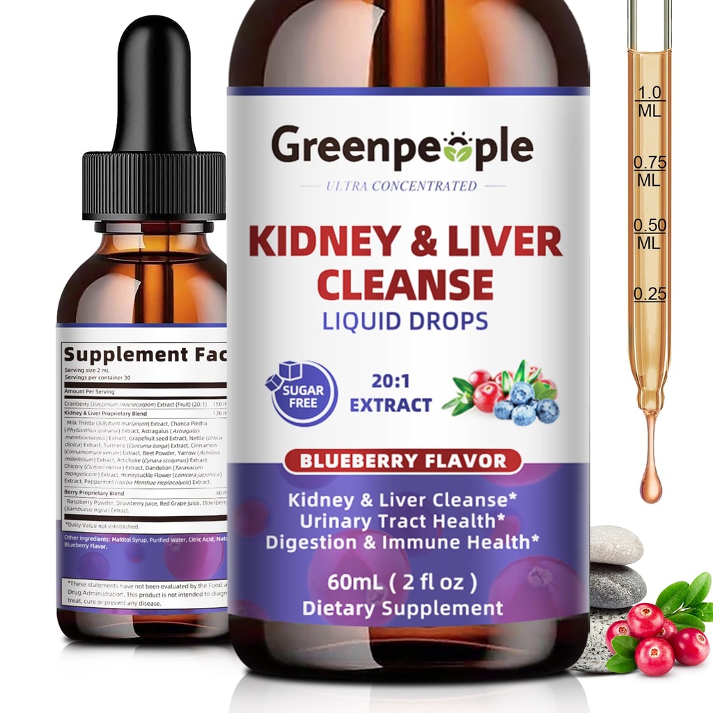 GREENPEOPLE Cleanse Detox & Repair - 27-In-1 Gocce di rene e fegato con 20:1 estratto di mirtillo & Chanca Piedra, supplemento gratuito di alcol per il supporto del fegato del tratto urinario (2 Oz 1 pacchetto, mirtillo)