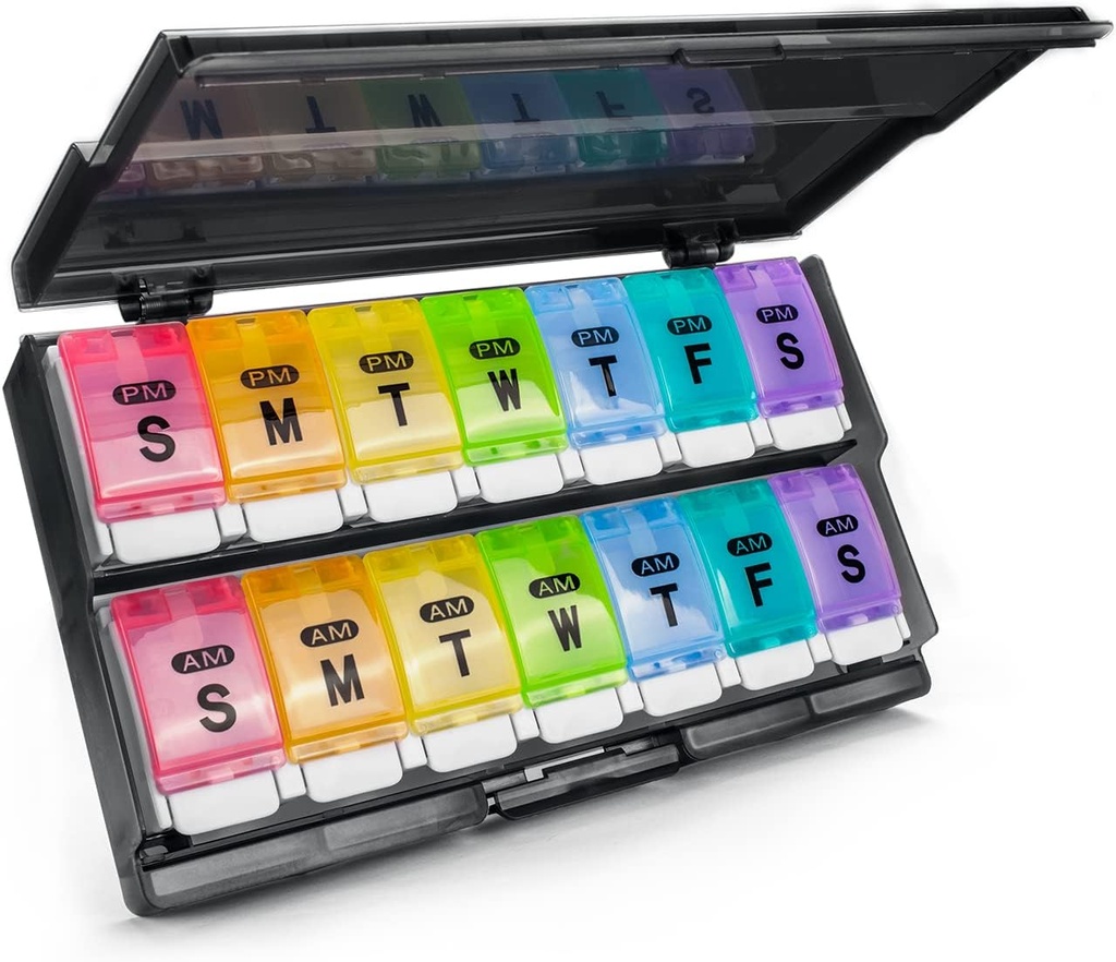 Extra Large Weekly Pill Organizer 2 volte al giorno - Remtise Am/Pm Daily Pill Case Medicine Organizer, Push Button 7 Day Pill Box per Pills/Vitamin/Cod Liver Oil/Supplements (Rainbow)