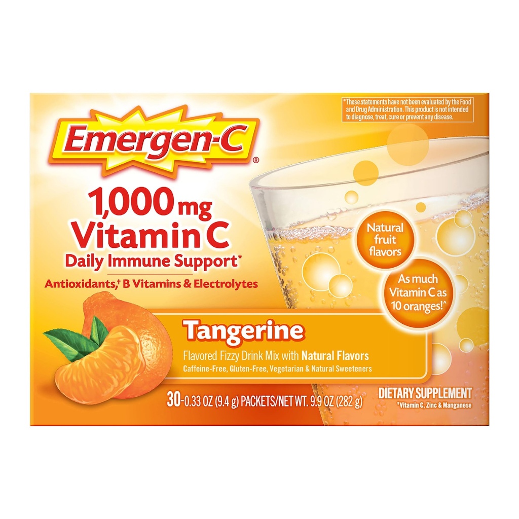 Emergen-C 1000mg Vitamina C Supporto immunitario Polvere Tangerine 30CT include Zinco, Manganese, 7 B Vitamine ed Elettroliti per Back to School Essentials