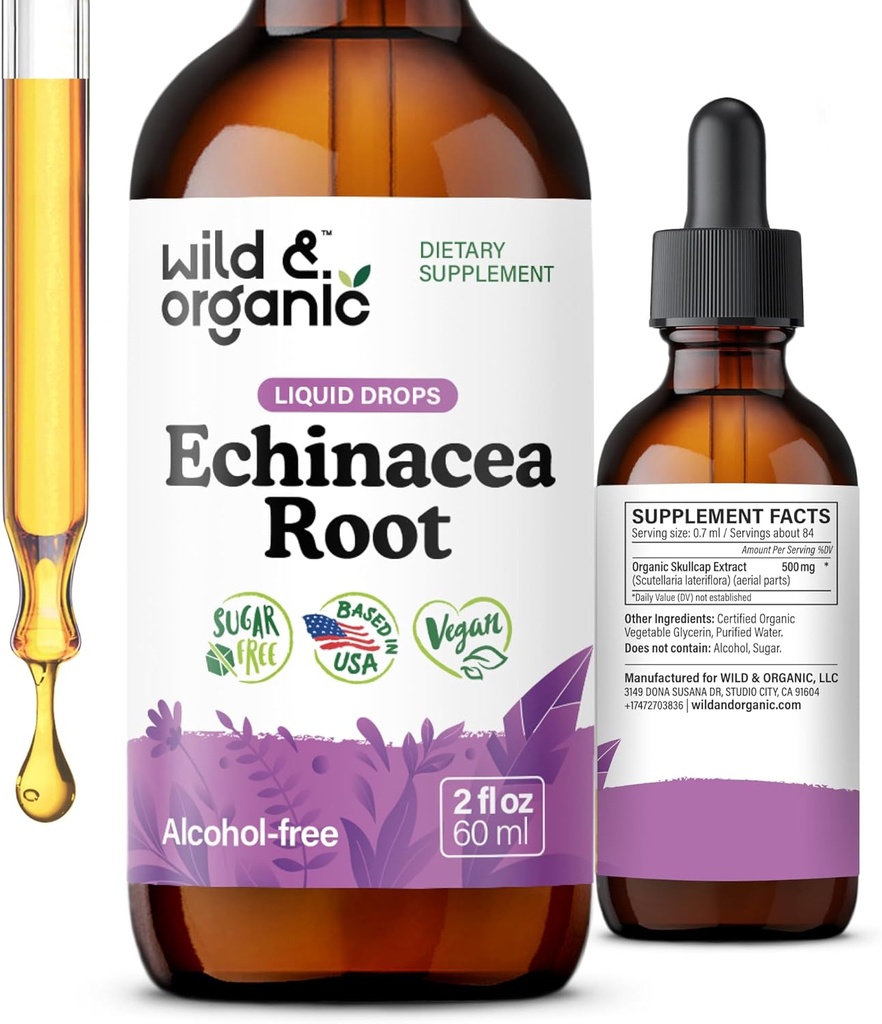 Tintura di Echinacea Selvatica e Organica - Supporto Immune Gocce con Estratto di Radice di Echinacea Liquido - Integratori Angustifolia - Vegan, Zucchero & Alcol-Free - 2 fl oz