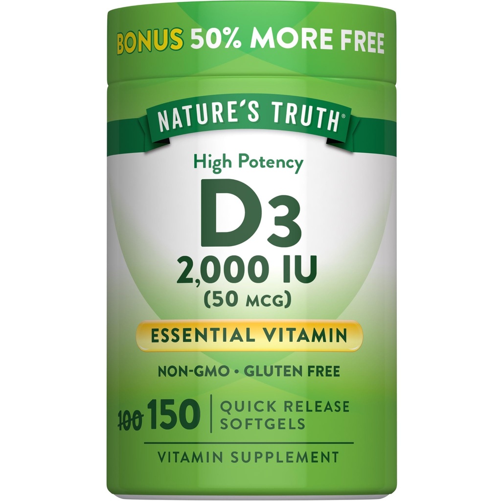 Vitamina D3 2000 IU Softgels per adulti | 150 Conte | Alta Potenza | Non OGM e Gluten Supplemento gratuito