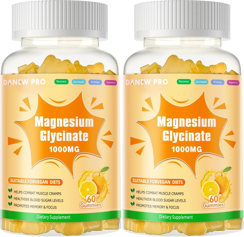 Magnesio Glycinate Gummies 1000mg - Zucchero Gratuito Magnesio Potassio Supplemento con Vitamina D, B6, CoQ10 per Calma Mood & Sleep Support - 120 Gummie Arancione