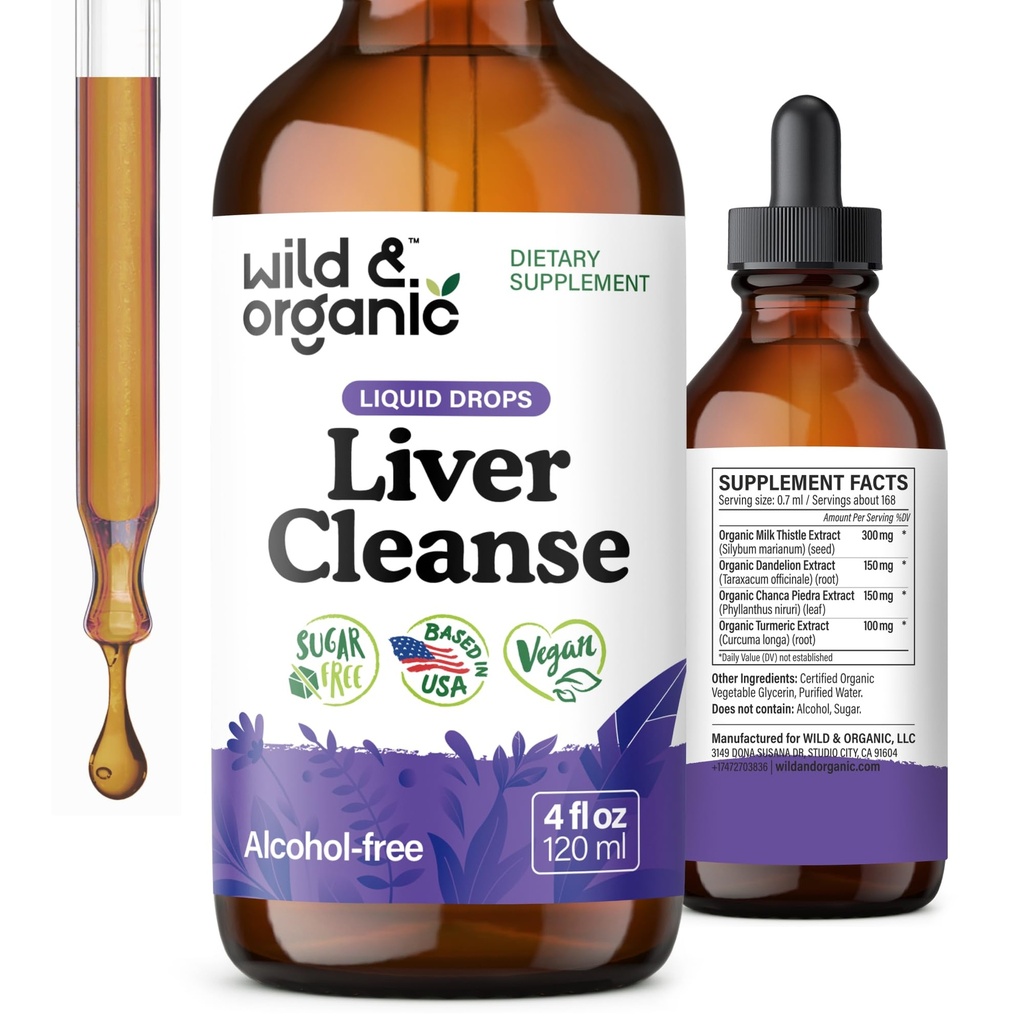 Tintura di disintossicazione del fegato selvatico e organico - Thistle di latte, Complesso di erbe di radice di dadelion - Supplemento di sostegno del fegato liquido - Vegan, Zucchero e senza alcool