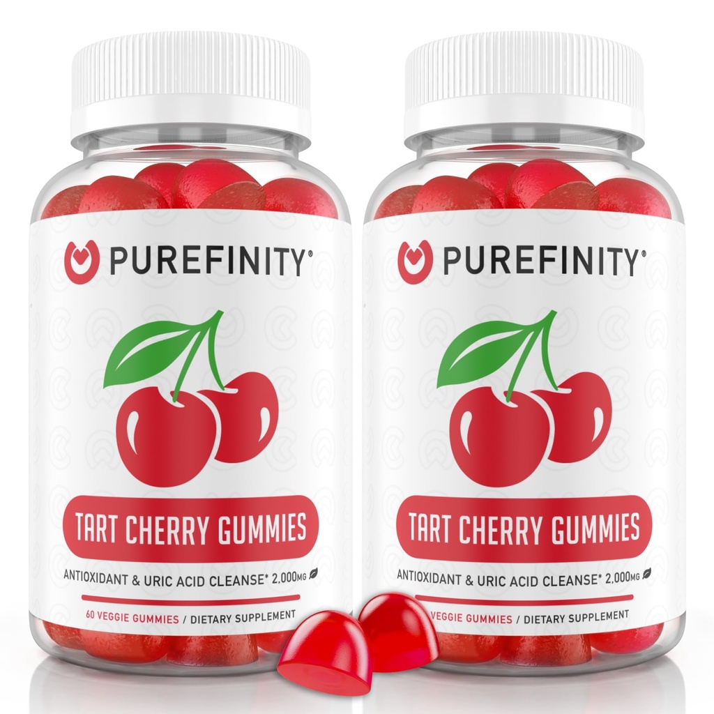 PUREFINITY Tart Cherry Gummies – Uric Acid Flush for Joint Relief & Recovery, Raw Juice Extract Antioxidant – Non OGM, Gluten Free, Vegan, 60 Count (Pack of 2)
