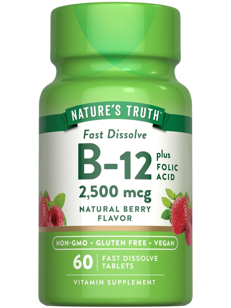La verità della natura B12 Vitamina | 60 compresse di dissolve veloci | 2500 mcg | con acido folico | Vegan, non OGM & Gluten Free