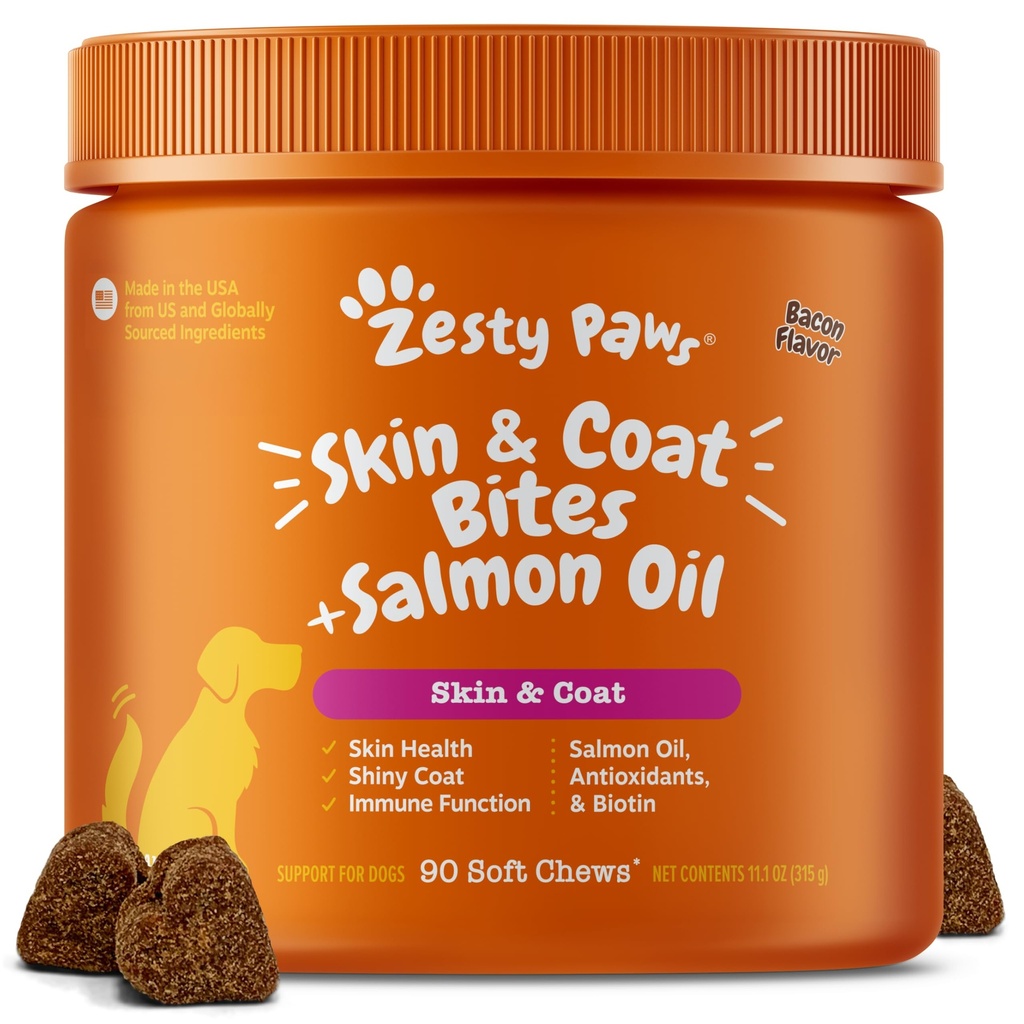 Zesty Paws Omega 3 Fish Oil for Dogs - Zesty Paw Dog Vitamine e integratori per Hip, Joint & Skin, Bacon (90 Chews)