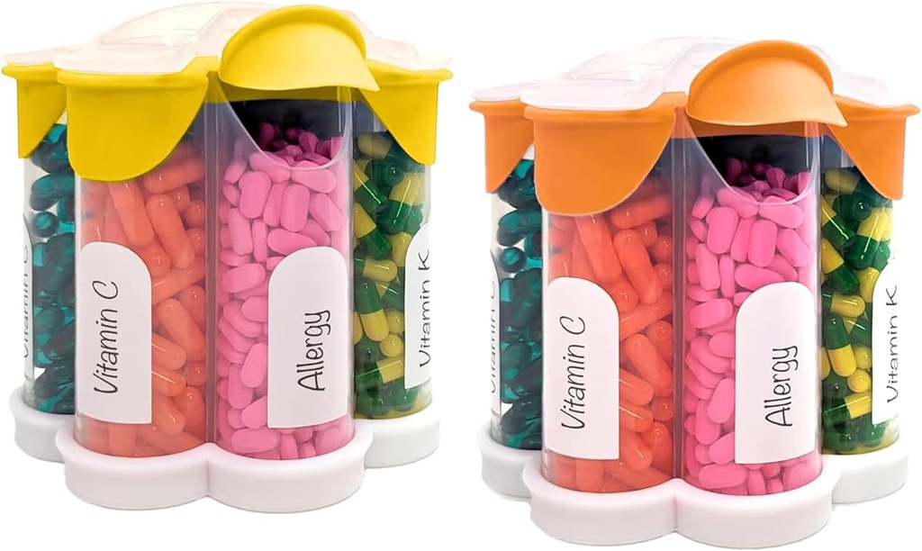 Extra Large Pill Organizer Daily, Weekly, Mensile Supplemento Bottiglia, Grazioso Blossom Pill Dispenser con 7 XL Confronti (2 Pack Combo) (Orange and Yellow)