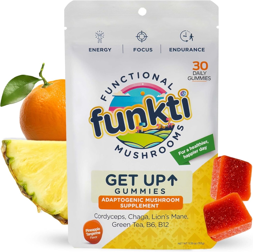 Focus Mushroom Gummies per adulti, funghi Supplemento con Cordyceps, Lion’s Mane, Chaga, B6, B12, tè verde - Get Up Gummies, One Per Day - Max Strength
