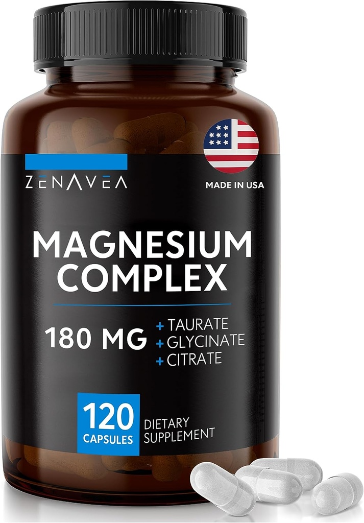 Supplemento Triple Magnesium Complex (120 capsule vegane) - 180mg di Magnesio Glycinate Taurate and Citrate - Integratori Complesso Magnesio Calma