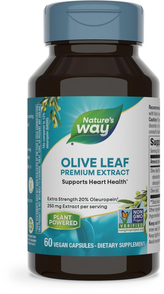 Foglia di Oliva di modo naturale, Estratto Premium, Supporta la salute del cuore*, 20% Oleuropeina, 250 mg per porzione, Progetto Non OGM Verificato, 60 capsule vegane (Packaging May Vary)