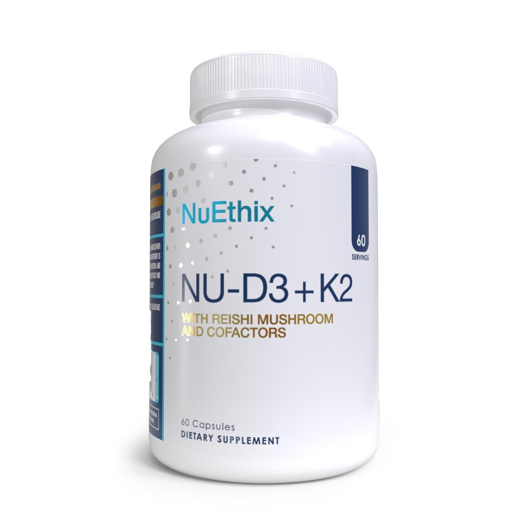 NuEthix Formulations NU-D3 + K2 - Vitamina D3 e K2 5000 iu Supplementi - Confezionato con Reishi Mushroom, Magnesio, & Zinc - 60ct, 60 Serve - Made in USA Products Only