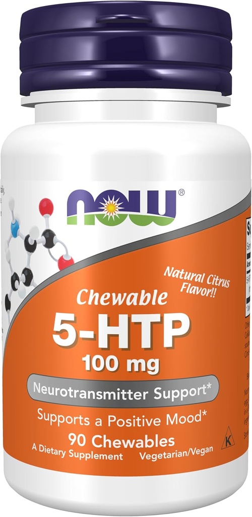 NOW Integratori alimentari, 5-HTP (5-idrossitriptofano) 100 mg, Supporto neurotrasmettitore*, 90 Chewables