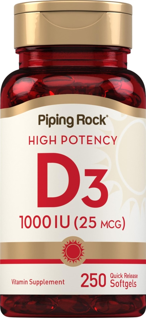 Piping Rock Vitamin D3 1000IU | Alta potenza (25 mcg) | 250 Softgels | Non OGM, Gluten Free Supplement