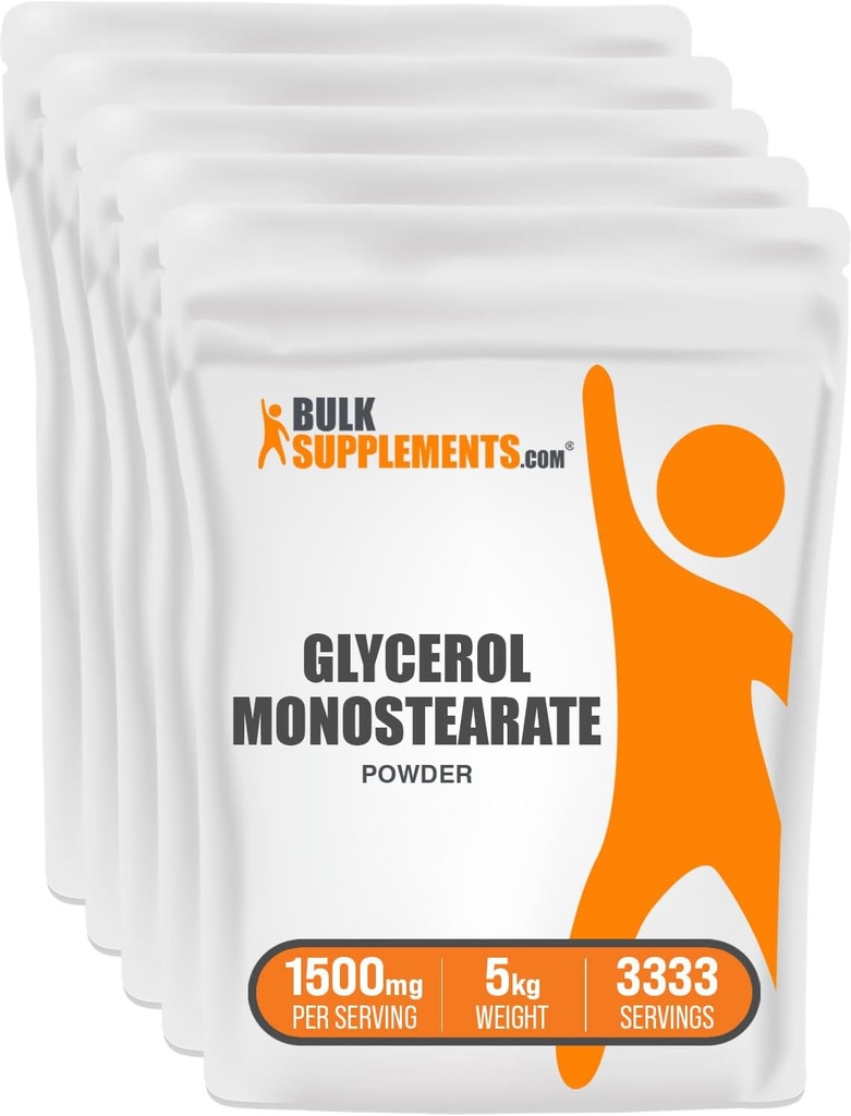 BulkSupplements.com Polvere monostero di glicerolo - Polvere di glicerolo, supplemento di glicerolo, fonte di energia - Grado alimentare, senza glutine, 1500mg per porzione, 5kg (11 lbs) (pacchetto di 5)