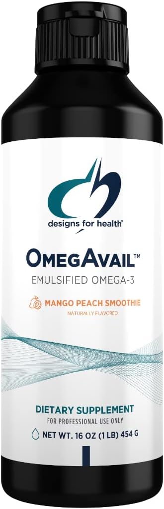 Progetti per la salute OmegAvail Smoothie - Omega 3 TG Triglyceride Fish Oil Emulsion con DHA + EPA - Supplemento liquido per il supporto cardiovascolare + cervello, Mango Peach Flavor (43 Serve / 16oz)