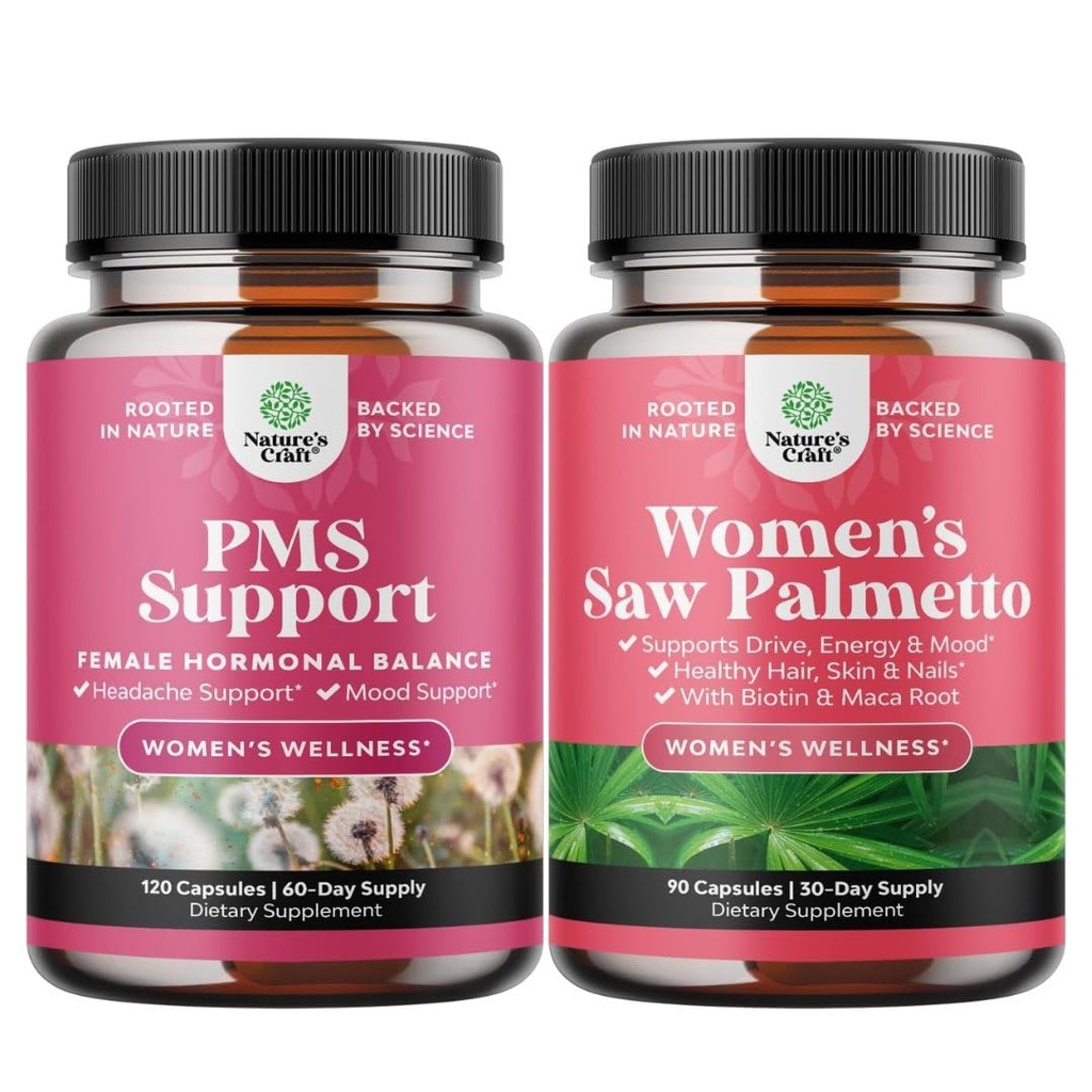 Bundle di supporto avanzato PMS Supplemento per il periodo di sostegno del mood a bassa energia Cramps e Bloating Relief per le donne e Palmetto per la forza extra per le donne - DHT Blocker Thickening Hair Vitamin
