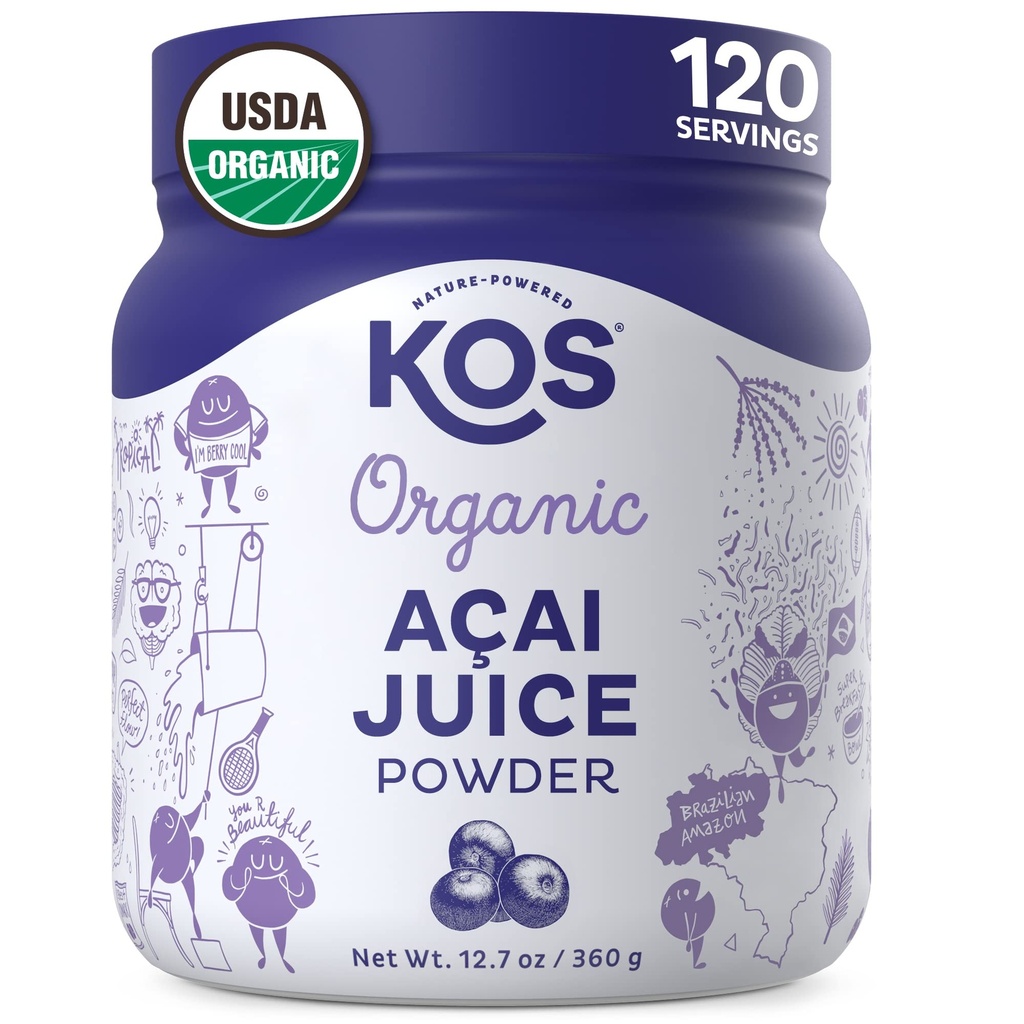 KOS Organic Acai Juice Powder - Certificato USDA Organico, Antiossidanti a base vegetale, Superberry dal Brasile, Grande per Smoothies e Bowls, 0g Zucchero, Vegan, Senza glutine, Non OGM - 120 Serve