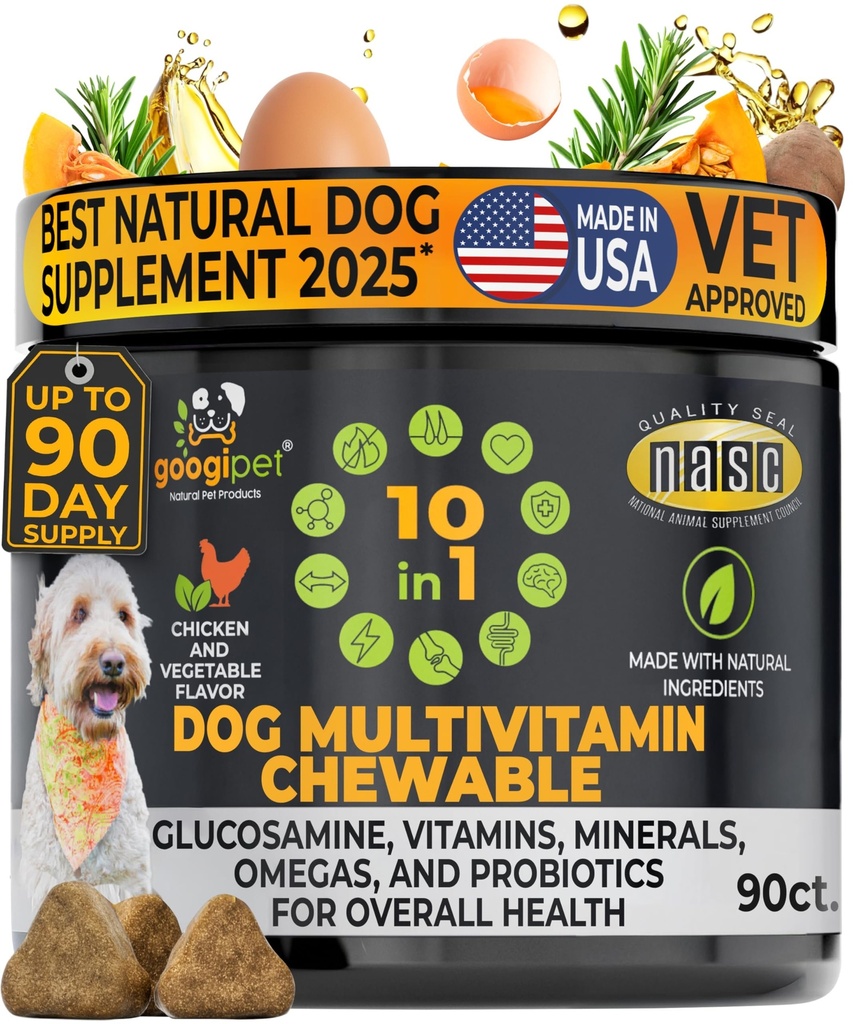 Googipet Premium 10 in 1 Vitamine di Cane Multivitamina Masticabile con Probiotici per Salute Gut, Vitamine di Cane e Integratori w/Vitamina C & Glucosamina per Supporto Congiunto (Fiore di Pollo e Verdura)