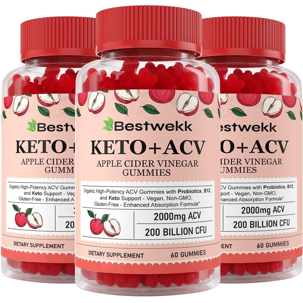 Gummie di Aceto di Sidro di Mele, Gomma di ACV di Max Strength 2000mg con Probiotici, B12 e Supporto Keto, Per Digestione, Metabolismo, Detox, Gut & Salute Immune, Gelatin-Free, Non-GMO, 180 gommie di acv di keto