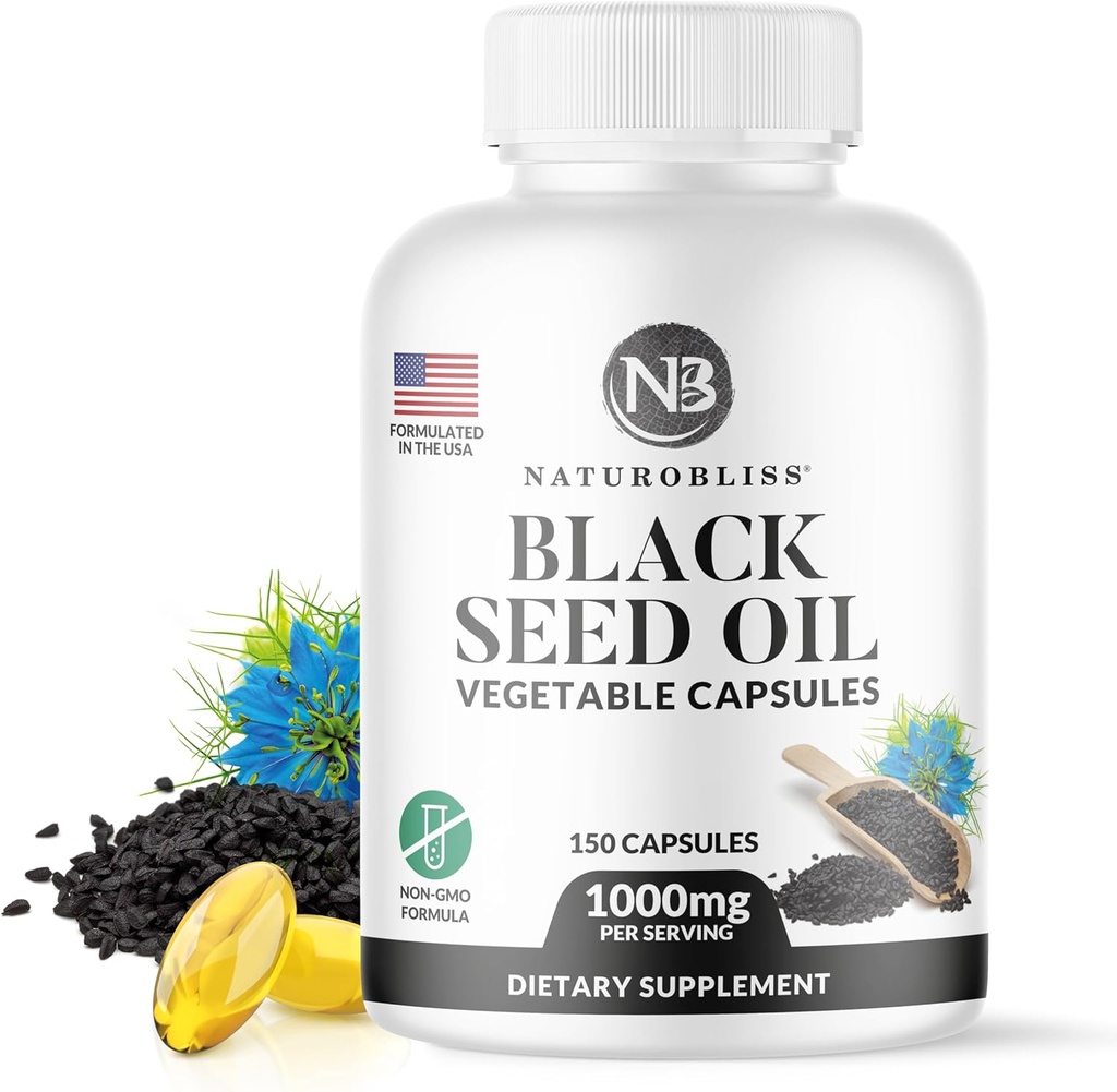 NaturoBliss Black Seed Oil - 150 Softgel Capsules Skin Health (non OGM & Vegan) Premium Nigella Sativa Pressed a Freddo Produrre Pure Black Cumin Seed Oil - 1000mg Per 2 Capsule Serving - 75 Serving