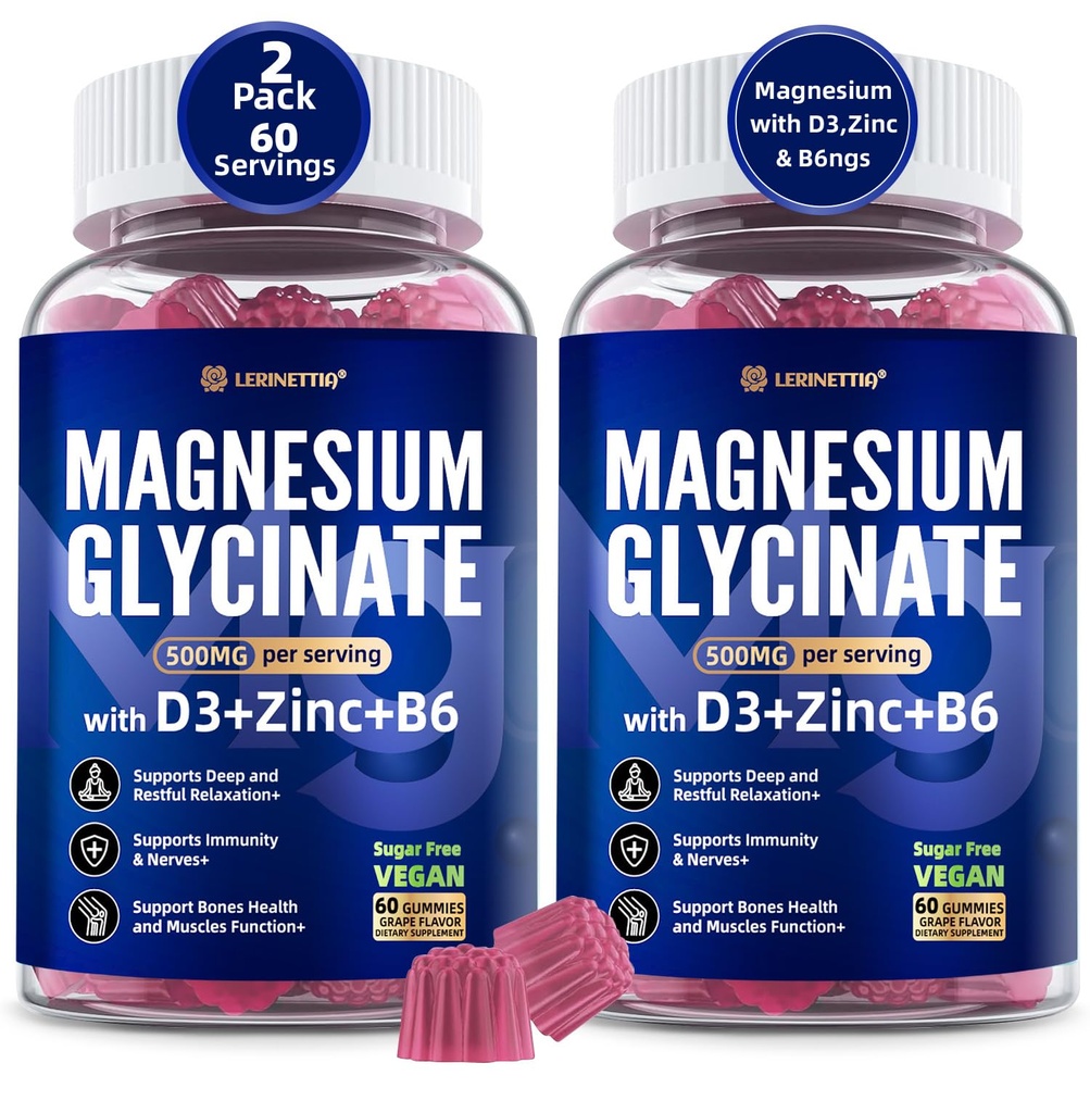 Magnesio Glycinate 500mg/250mg per adulti adolescenti - Plus D3, B6 & Zinc - Magnesio Glycinate Gummies, Alta Assorbimento - Supporto per il relax,Brain,Bone & Immunity Health - Sugar Free - 120Cts