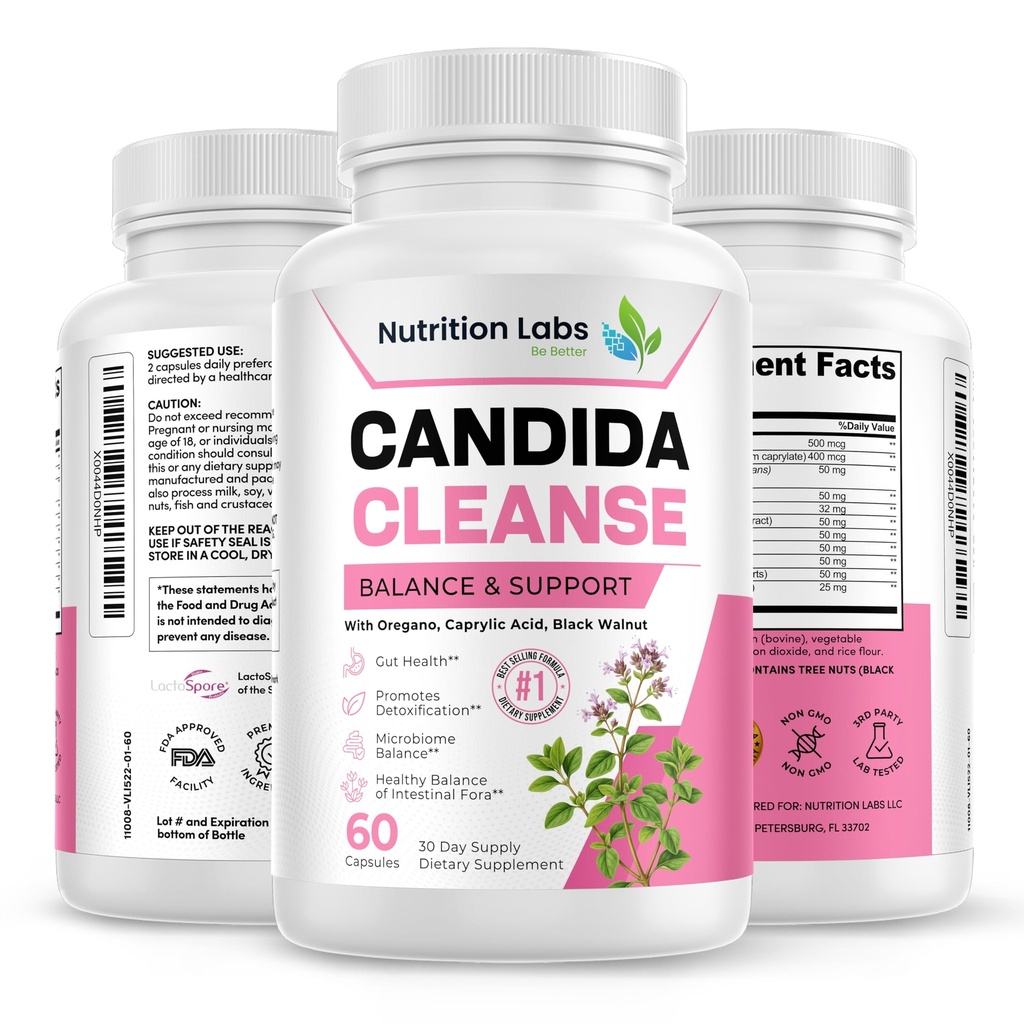 Candida Cleanse Supplement per Balance & Support, Candidase Detox, Women & Men. Gut Health & Flora, pH Level, Intestinal Health. Probiotici Lactospore®. Anti Yeast Overgrowth W/Origano, Acido Caprylic