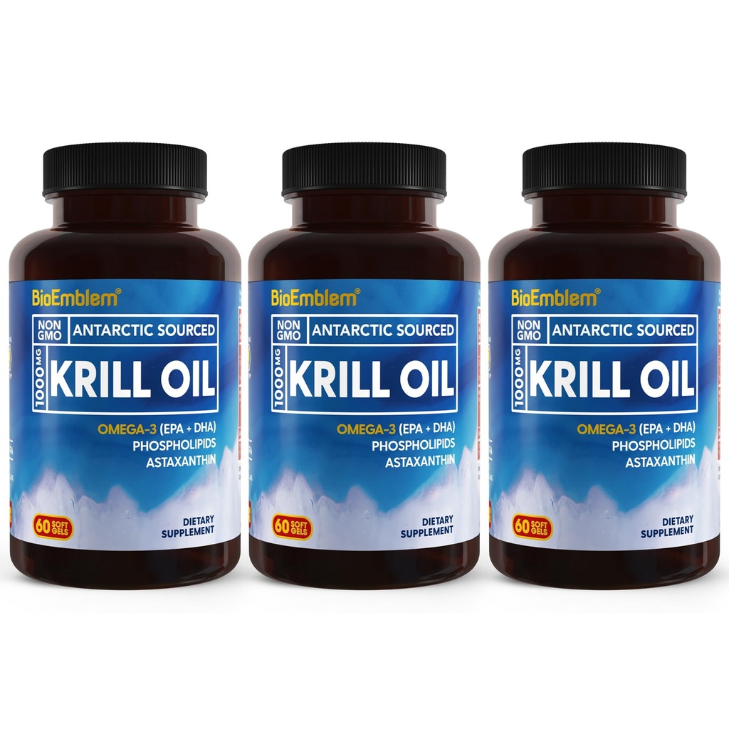 BioEmblem 3 pacchetto Antartico Krill olio 1000mg Softgels, Omega-3s olio con alti livelli di EPA + DHA, Astaxanthin, e Phospholipids, Supporta la salute del cervello, 180-Count non OGM, senza glutine, 90 giorni di alimentazione