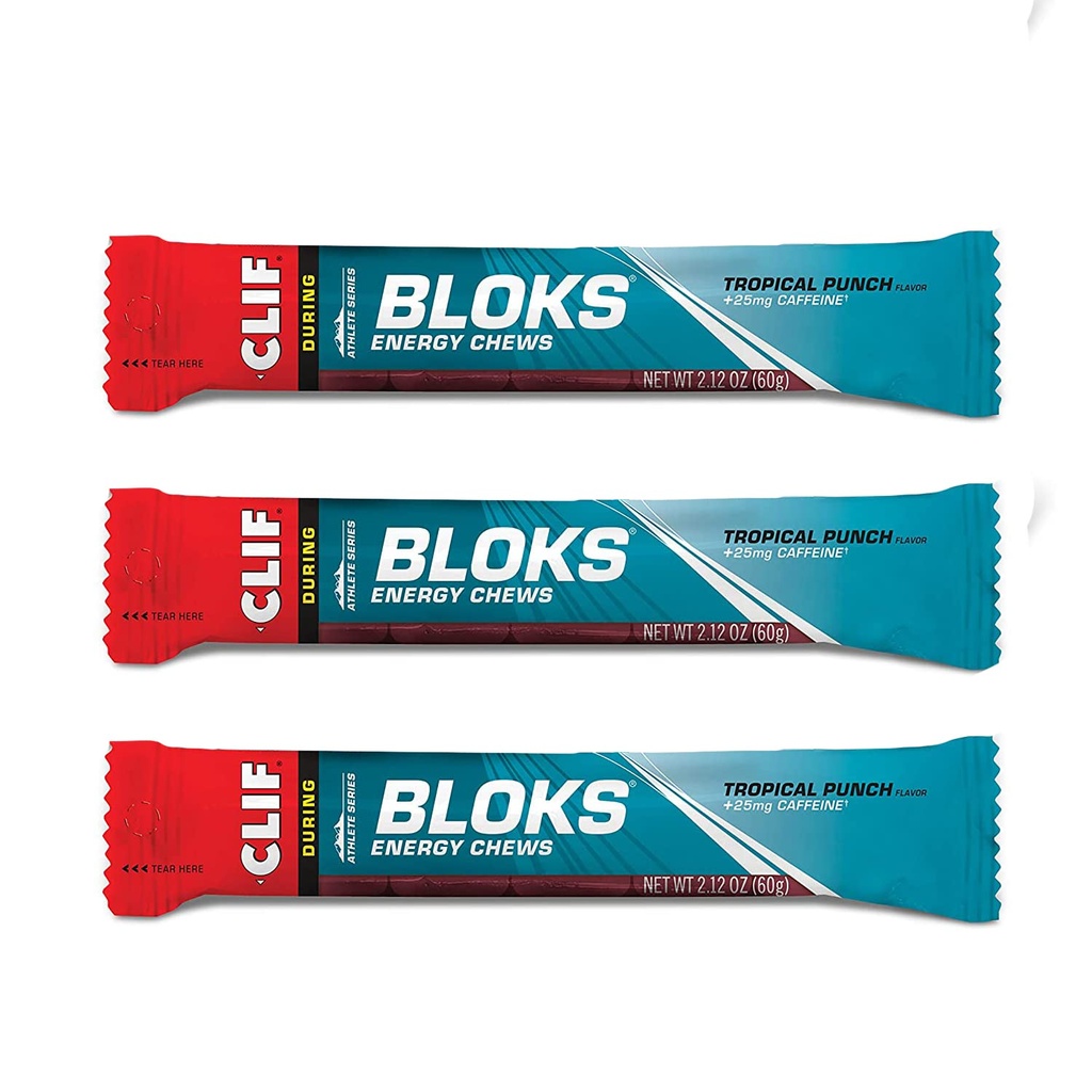 CLIF BLOKS - Energy Chews - Tropical Punch con 25 mg Caffeine- Non-OGM - Alimenti basati sulle piante - Carburante veloce per il ciclismo e l'esecuzione -Lo spuntino di allenamento (2.1 Ounce Packet, 3 Count)