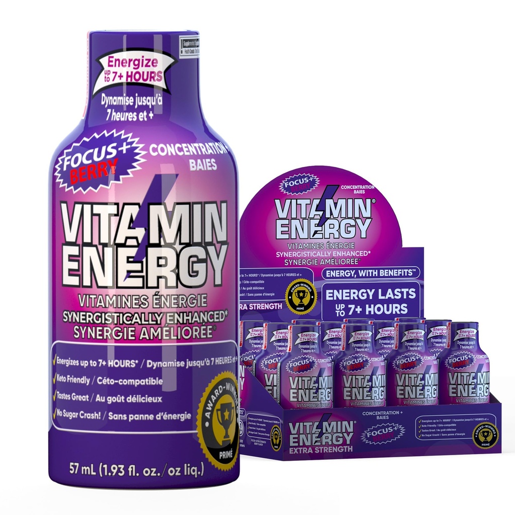 Vitamin Energy Focus+ Extra Strength Energy Shot Berry 12 Pack, 260mg Natural Caffeine, B-Vitamins, CoQ10, Aminoacidi, Focus, Produttività & Clarity, Zero Sugar, Gluten-Free, 1.93 fl oz