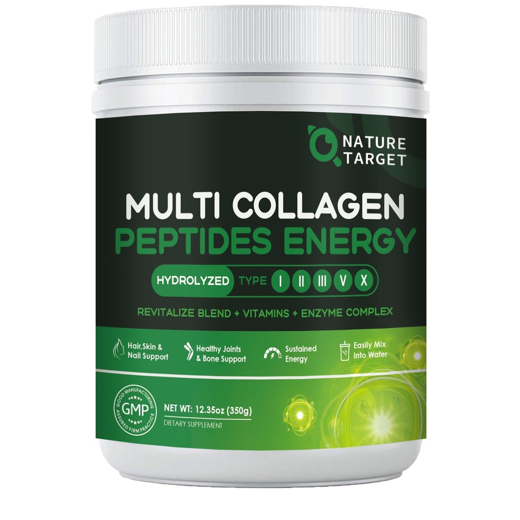 NATURE TARGET Multi-Collagen-Peptides-Powder - Collage idrolizzato con miscela energetica + Multivitaminico & Minerali, Supporta l'energia Pelle Hair Nail & Joint, Non-GMO, 35 Serve