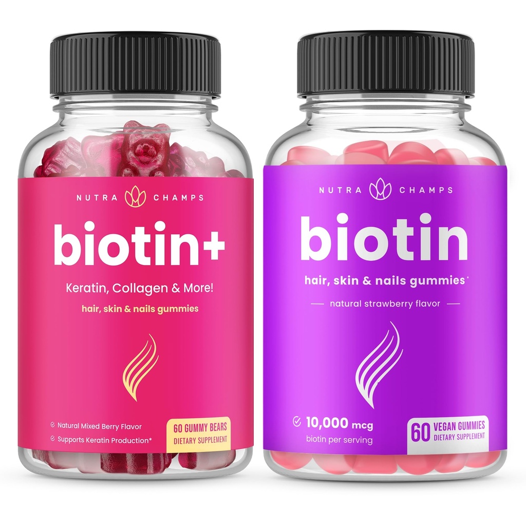 NutraChamps Biotin+ & Biotin. Il Duo completo per capelli, pelle e unghie.