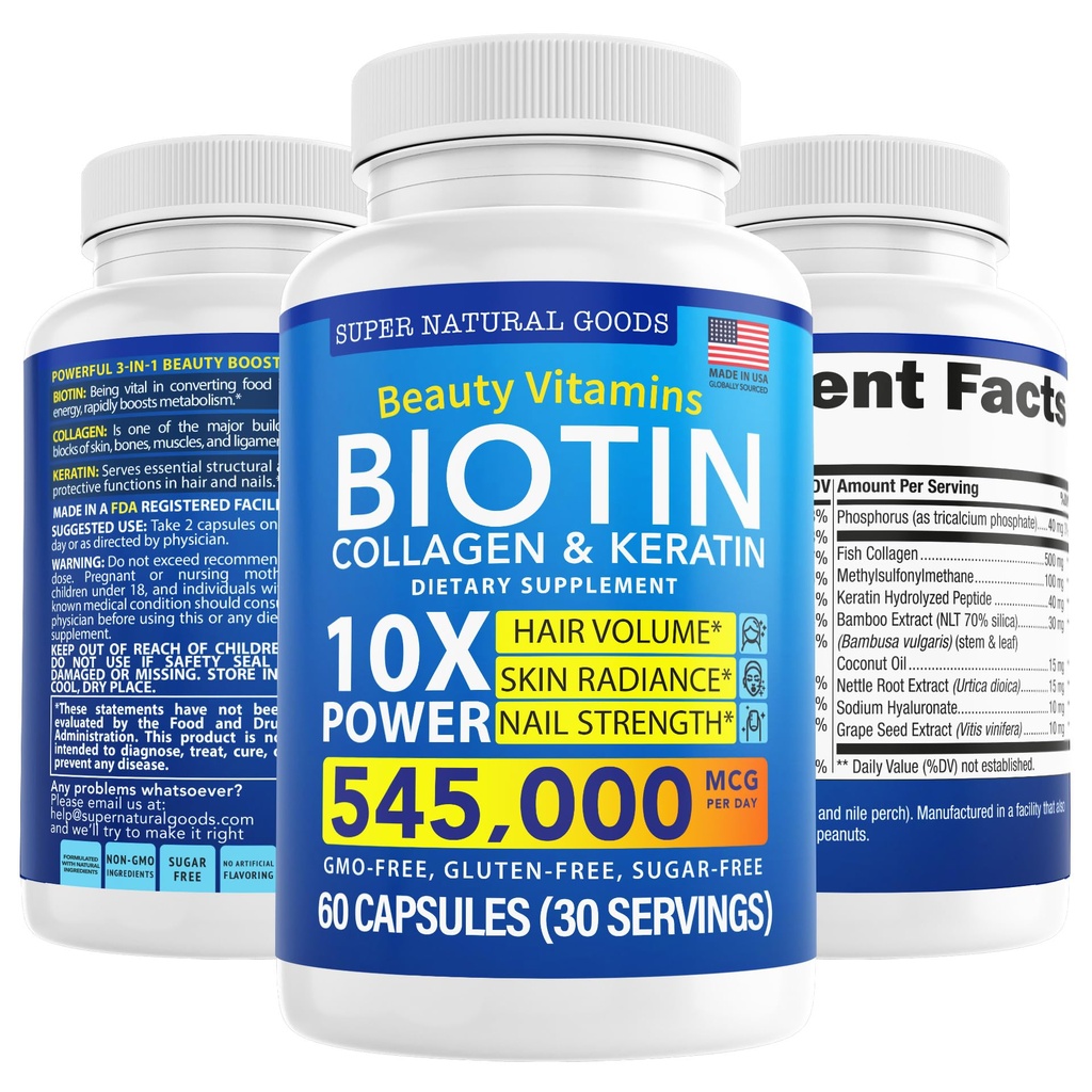 Biotina e Collagene Vitamine + Cheratina con Folato - trattamenti per la perdita di capelli per le donne e gli uomini - Follicle, pelle e chiodi Supplementi per la crescita dei capelli e supporto postpartum - OGM Free & Gluten Free (60 Caps)