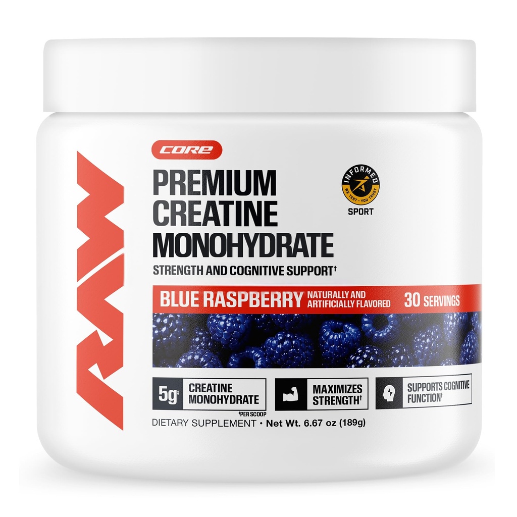 RAW Nutrition Creatine Monohydrate Powder, Blue Raspberry (30 Servings) - Micronized Creatine Monohydrate Supplement for Workout Performance, Build Muscle & Strength - Creatine Powder for Men & Women