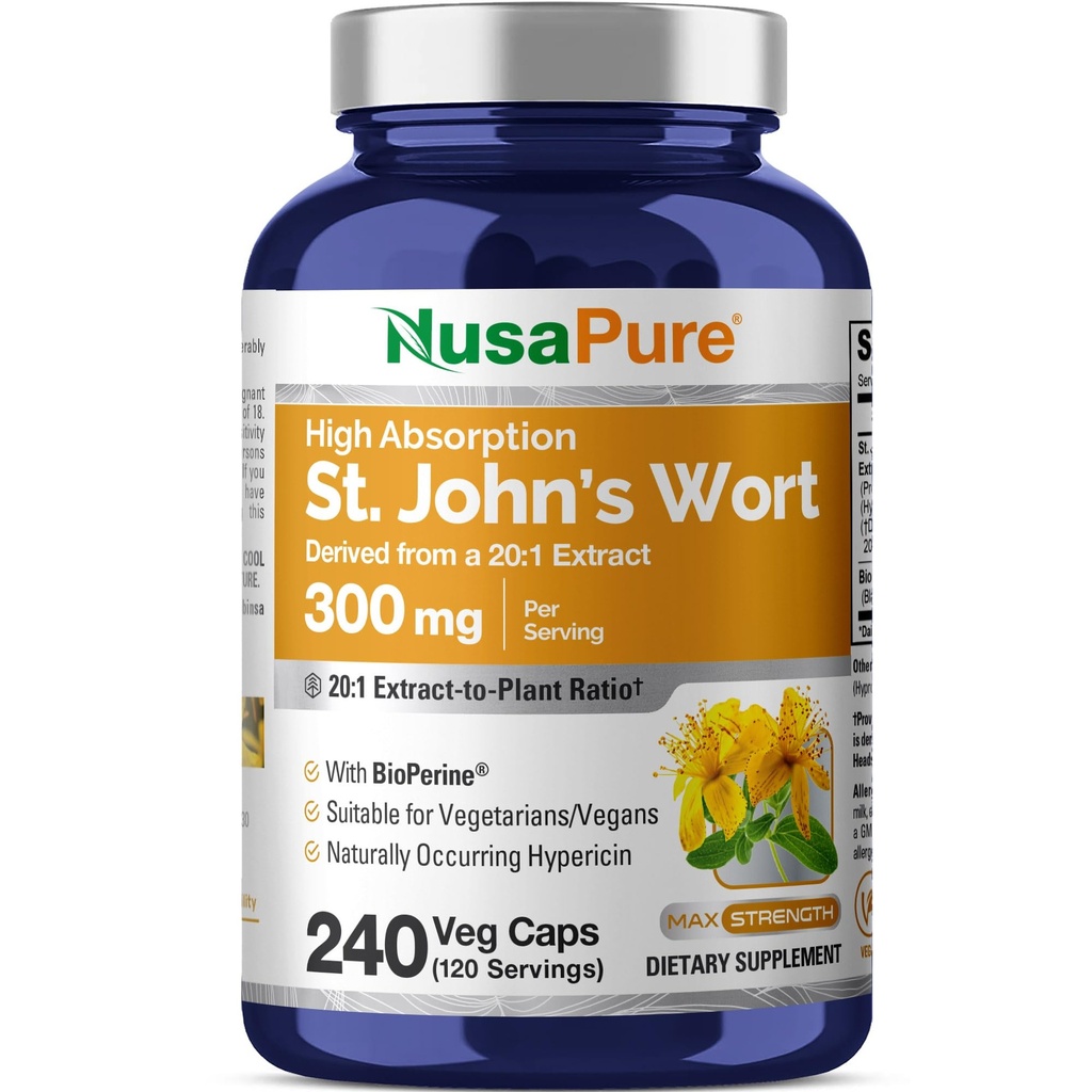 NusaPure St. John's Wort 20:1 Extract, 300 mg Equivalente a 6.000 mg 240 capsule vegetali (Vegetarian, Non OGM) Bioperine