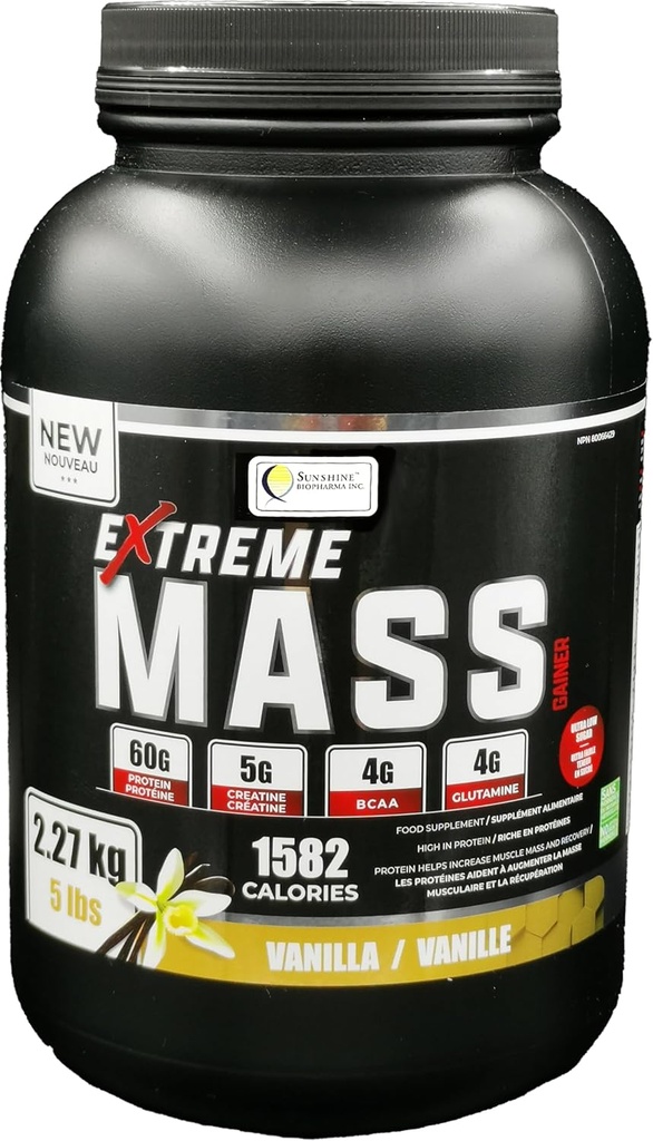 Extreme Mass Gainer Muscle Builder, 5 lb (2.27 kg) Calorie basse di zucchero per allenamenti intensi (Vanilla)