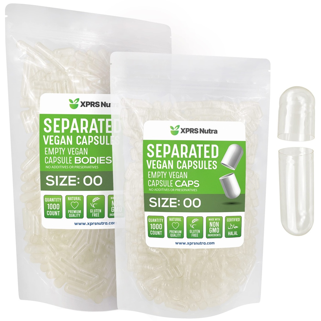 XPRS Nutra Vegan Size 00 Capsule Separati - 1000 Count Premium Empty Capsule Separati in Borse - Clear Empty 00 Pillole per DIY Supplement Filling