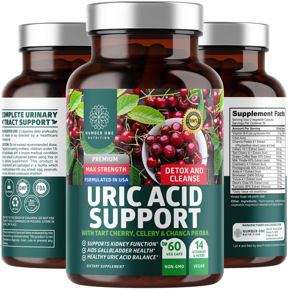 N1N Premium Uric Acid Support Supplemento [14X Potent Herbs] All Natural Kidney and Uric Acid Cleanse with Tart Cherry, Milk Thistle, Cranberry, Celery, Chanca Piedra, 60 Veg Caps