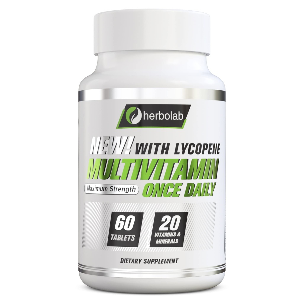 herbolab Multivitamin Una volta Quotidiano, Max Strength Vitamins A, C, D, E, K, B1, B2, B6, B12, Niacin, Calcio, Magnesio, Zinco, Selenio, Rame, Manganese, Cromo con Lycopene, 60 Conte 2 Mo Supply