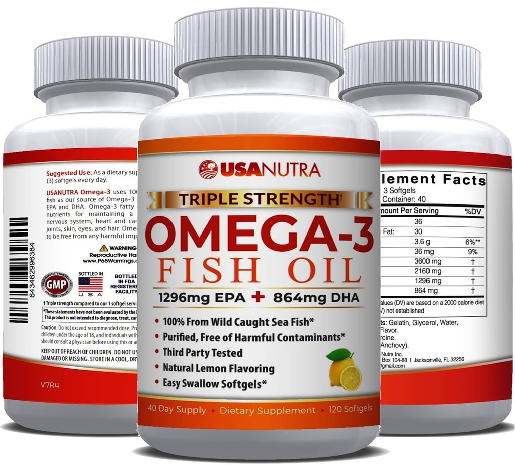 Omega 3 Fish Oil Supplemento 3600mg con EPA e DHA per le donne e gli uomini Supporta giunto, cervello e salute del cuore 120 Softgels, alimentazione di 40 giorni