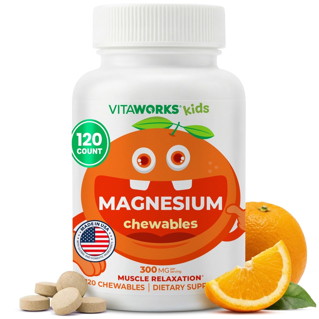 Bambini Magnesio Chewable | Great Tasting | 300mg Magnesium Supplemento | Vegan, Non OGM e Gluten Free Magnesium Oxide Supplement | per la funzione muscolare | 120 Chewables | Vitaworks